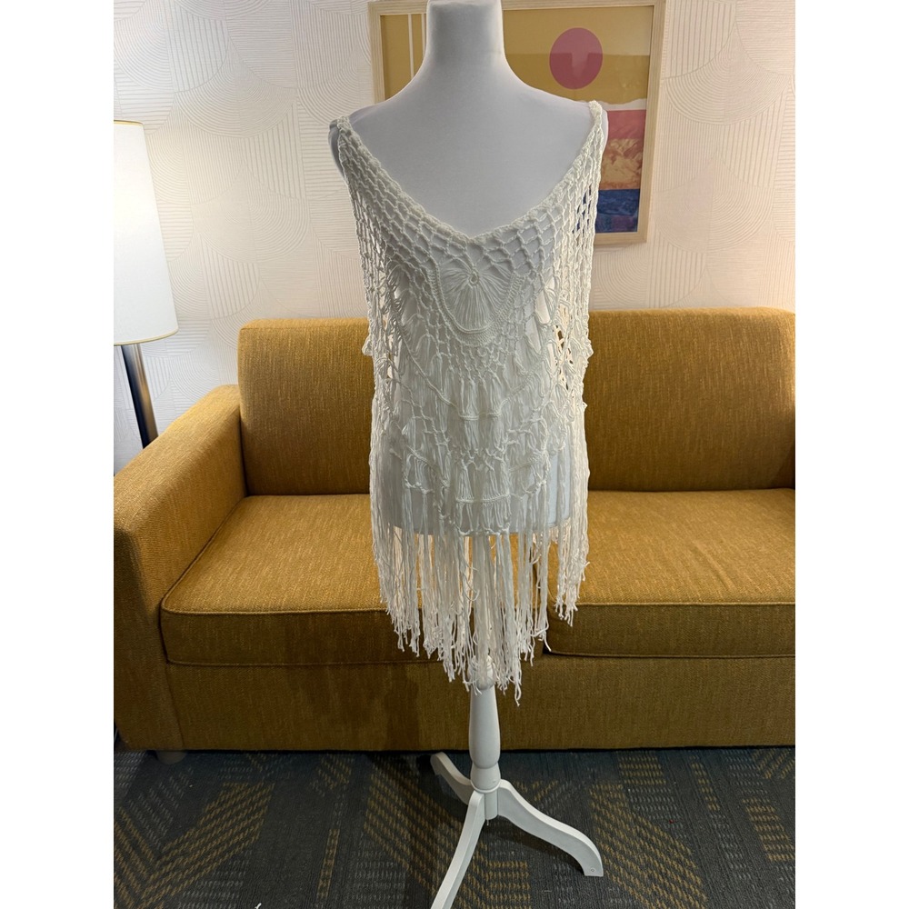 Boho White Macrame Fringe Tank Top Crochet Festival Beach Cover Up V-Neck